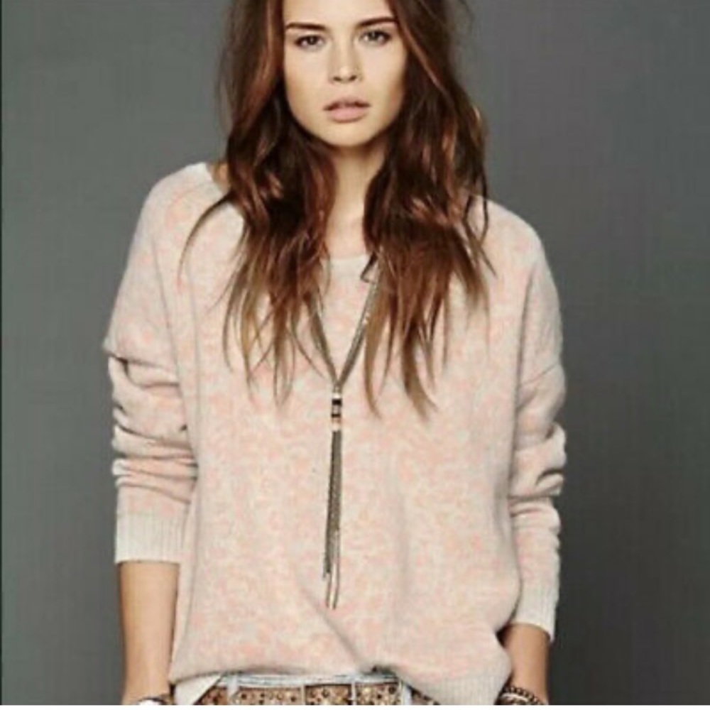Free People Peach Cream Animal Cheetah Leopard Print Sweater Boxy Alpaca M